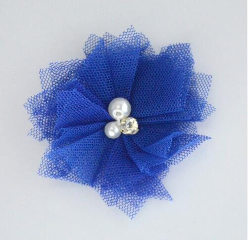 10 stks/partij 2.5 ''Mini Tulle Mesh Bloemen Met Strass Pearl Center Poof Bloemen Hoofdband Haar Accessoires: 08 navy blue