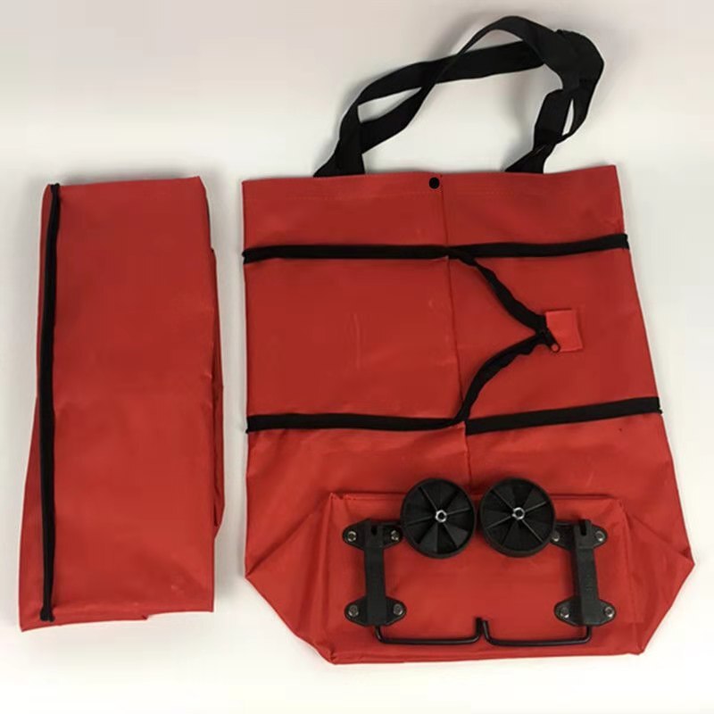 Collapsible Supermarket Bag, Cute Cartoon Sopping Bag + with Wheels Tote Food Market Cart Supermarket Trolley Bag: Red