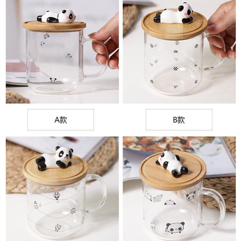 Vaso transparente de Panda travieso con mango de tapa 3D vidrio de dibujos animados resistente a altas temperaturas borosilicato hogar taza de jugo de té: Default Title