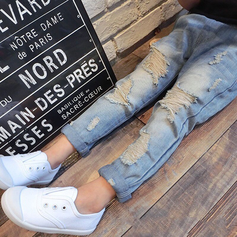 1 Stuk Meisjes Lange Broek Voor Kinderen Zomer Kinderen Denim Gebroken Broek Kinderen Bovenkleding Voor De Lente Kinderen Kleding Voor Meisjes