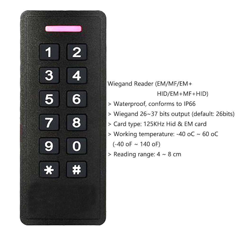 IP66 Waterproof Backlit Keypad Reader 125KHz RFID Proximity Access Control Reader Wiegand 26~37 Output for Access Control System