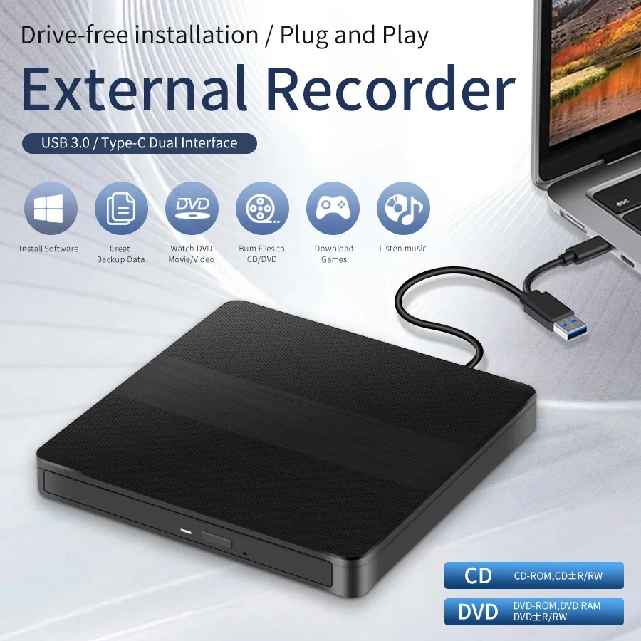 USB3.0 Type-C Slim External DVD RW CD Writer Drive Burner Reader Player Optical Drives DVD Burner Portable For Laptop Desktop PC