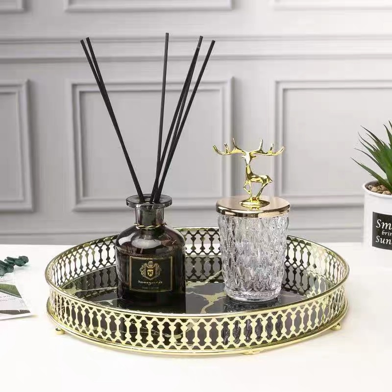 Shiny gold plated Round Serving Tray Jewelry Storage Luxury Marble Home Decoration Organizer Display
