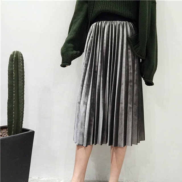 Danjeaner våren kvinnor lång metallic silver maxi plisserad kjol midikjol hög midja elascity casual partykjol vintage: Grå