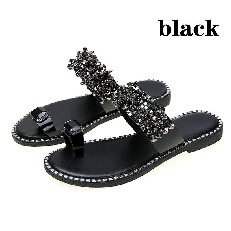 KAMUCC-sandales tendance pour femmes, babouches diamant brillant à talons plats et bout Clip, grande taille: 35 ~ 43,: Black / 7
