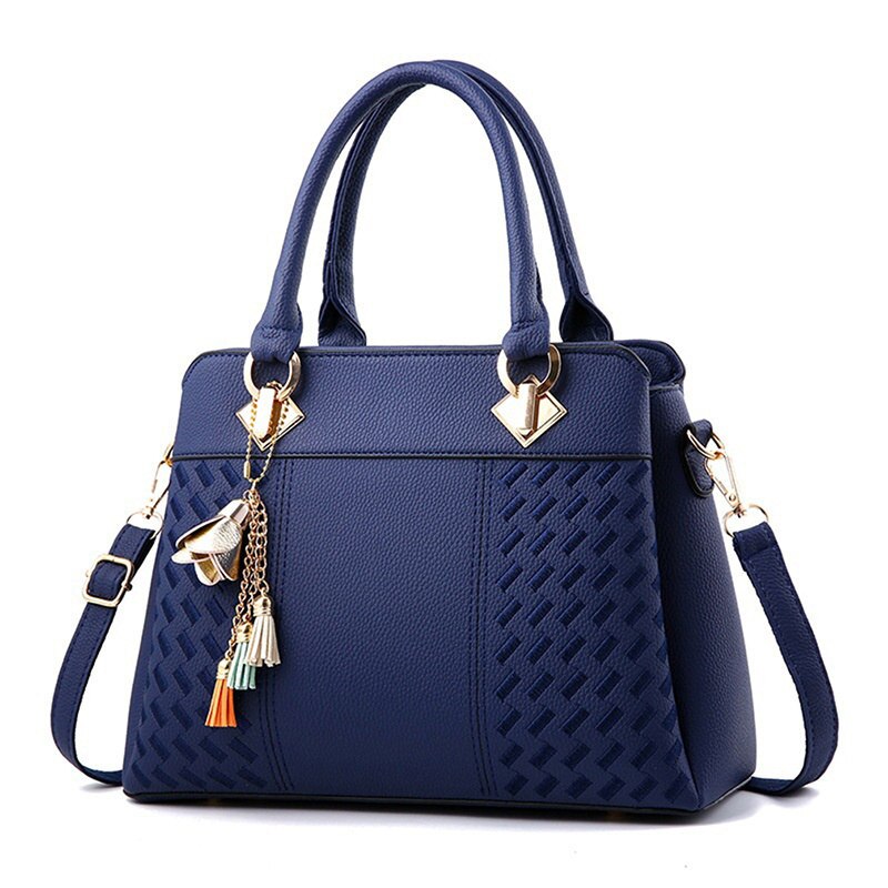 Women Handbags Tassel PU Leather Totes Bag Top-handle Embroidery Crossbody Bag Shoulder Bag Lady Simple Style Hand Bags: Deep Blue