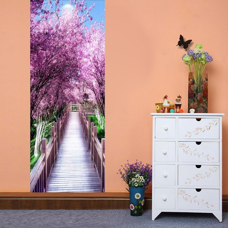 Cherry Blossom Avenue Scenery Door Sticker 3D Living Room Wedding House Wallpaper PVC Waterproof Home Decor Wall Decals Stickers