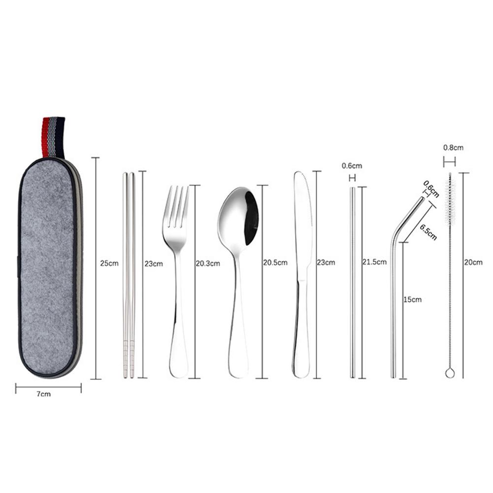 8 st/set rostfritt stål bestick sked ätpinnar rengöringsborste set bärbara silverbestick reseredskap set med fodral halm