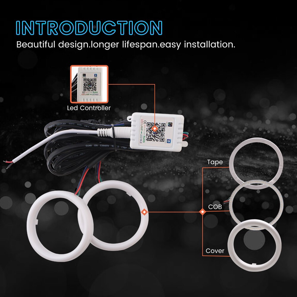 Phares de moto à LED COB Angel Eyes, anneaux Halo en coton 12V APP 60mm 70mm 80mm 90mm 95mm 100mm 110mm 120mm 2 pièces