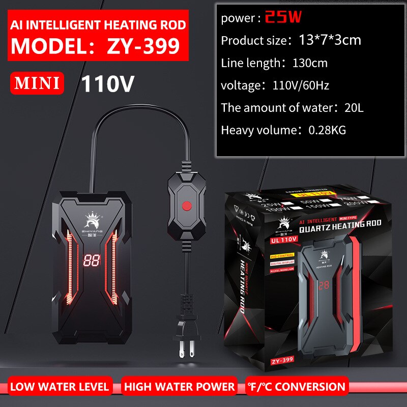 Calentador de acuario AI, varilla de calentamiento de tortuga, bajo nivel de agua, calentador de pantalla digital LED, temperatura automática, calefacción a prueba de explosiones: 25W(110V)