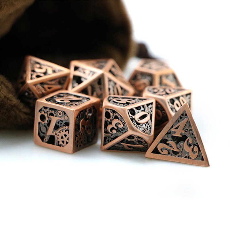 metal dnd dice set Hollow out dice set mechanical dungeon and dragon rpg d&d Bronz polyhedral dice with bag D20 D12 D10 D8 D6 D4