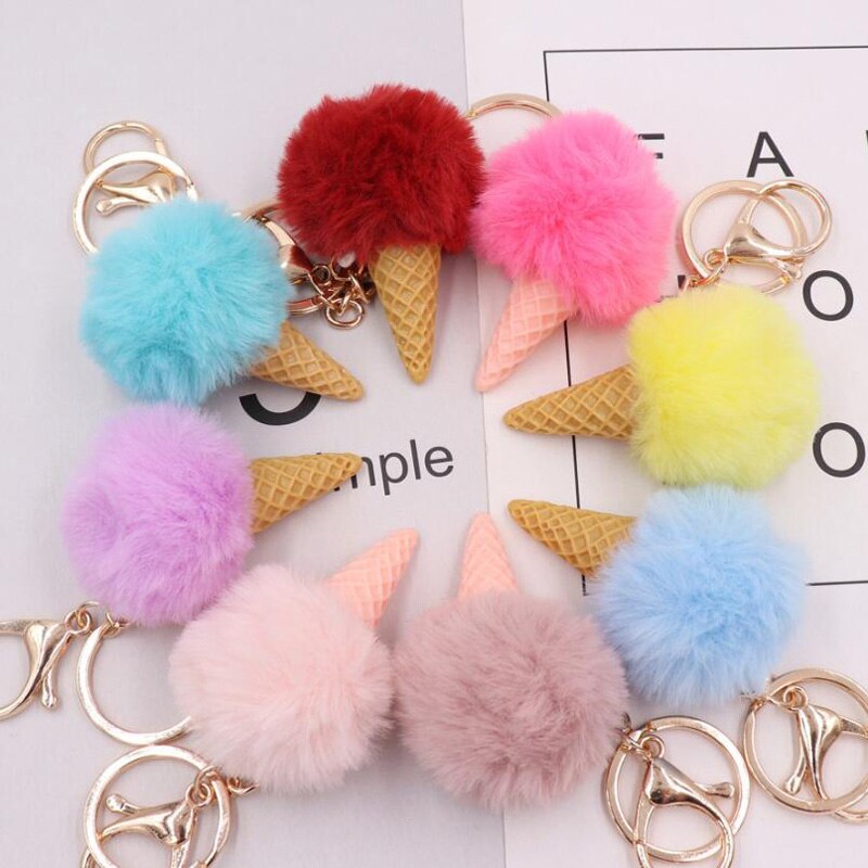 Cute ice cream Keychain Glitter Pompom Key Chain for Women Llaveros Mujer Car Bag Accessories Key Ring Wedding Souvenir