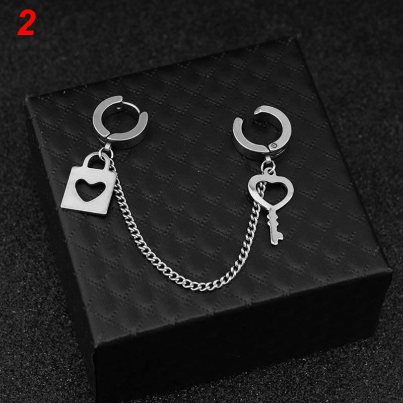 acier inoxydable oreille chaîne clé serrure lame pendentif hommes femmes boucle d'oreille couleur: 2