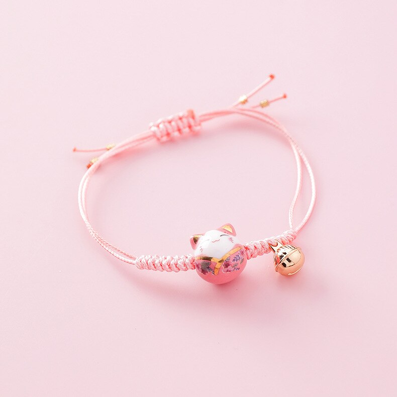Doreen-pulsera de cuerda de gato de cerámica Kawaii para mujer, brazalete sencillo tejido a mano, cuentas de borla, joyería de de estilo japonés: Big Cat-Pink