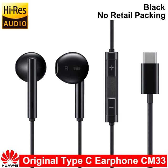 For HUAWEI CM33 Earphone USB Type-C In Ear Hearphone Headset Mic Volume HUAWEI Mate 10 Pro 20 X RS P20 30 Honor 7 8 V8: No Packing Black