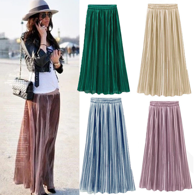 Jupe longue plissée et évasée pour femme, couleur unie, style Vintage, couleur or, , nouveauté
