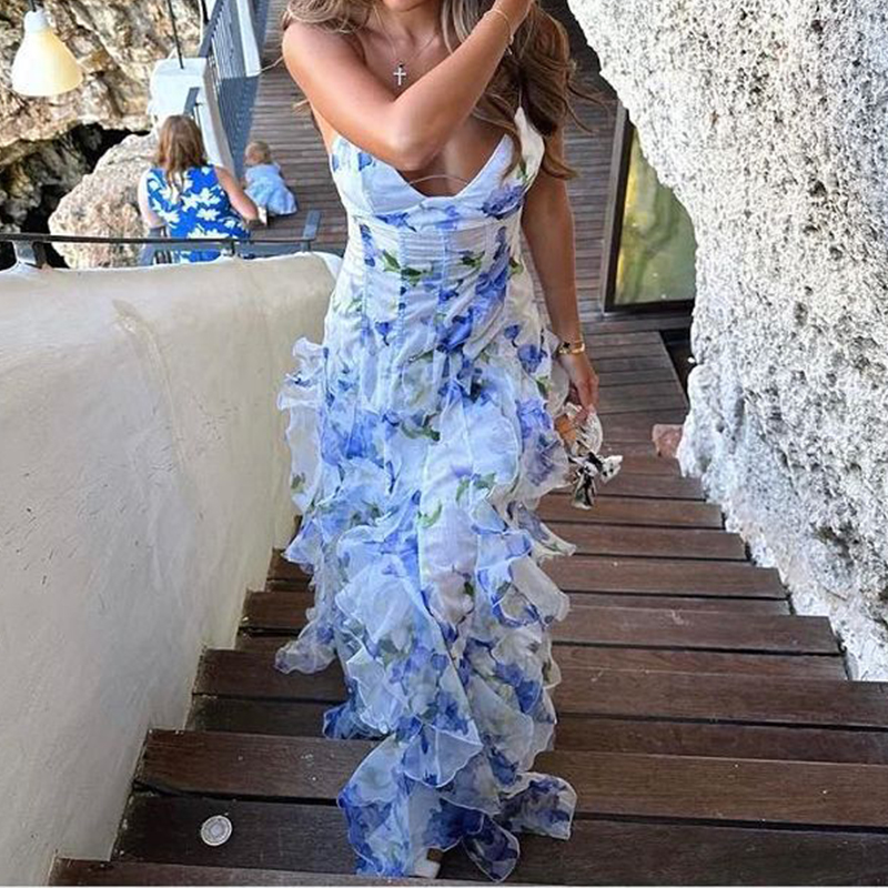 Spring Summer Floral Print Slim Chiffon Dress Female V Neck Ruffle Long Dress Sleeveless Party Dresses Vestidos: M / Beige