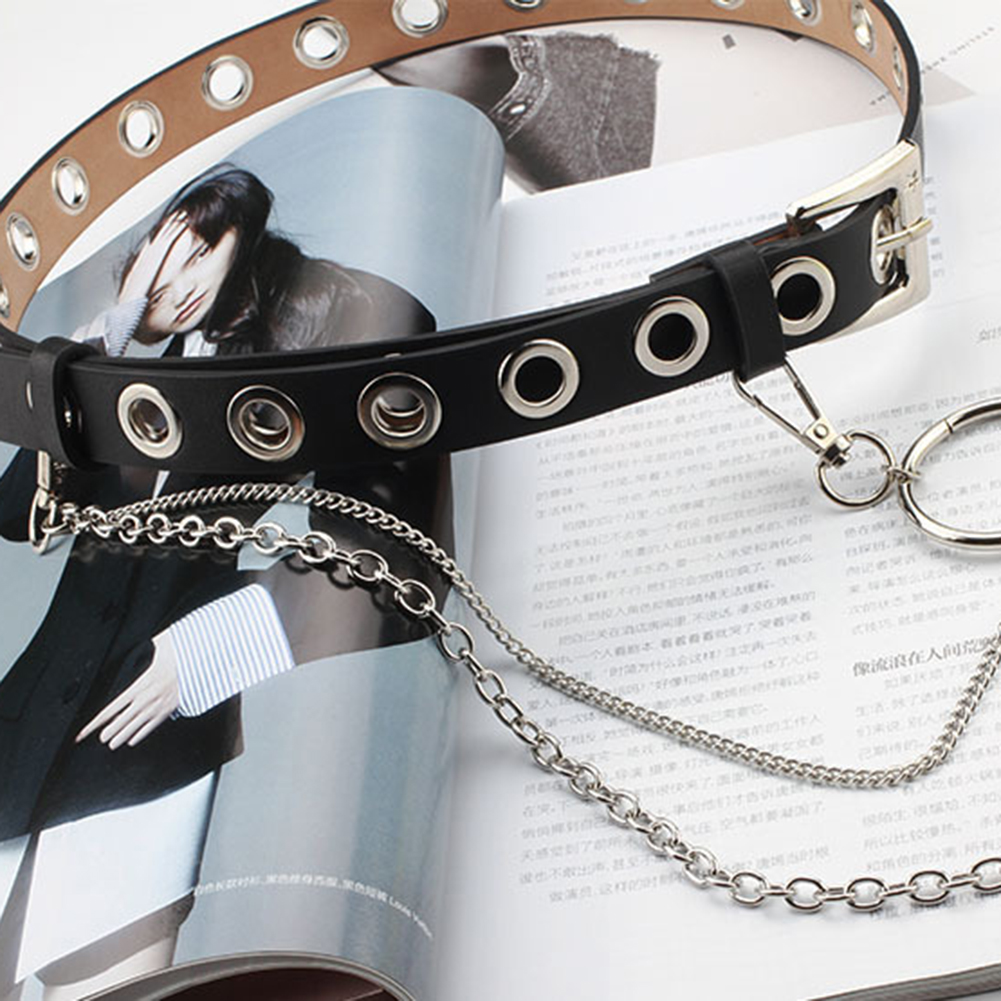 Women/Men Punk Belt Three Rows Of Holes Belt Detachable Chain Decorative Jeans Waistband Jacket Accessories PU Leather Belt
