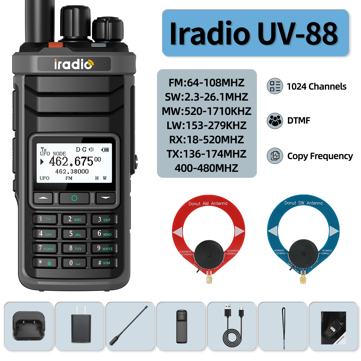 Iradio UV-88 Walkie Talkie Shortwave Radio Multi Band HF CB SSB AM Type-C DTMF LSB CW LW MW SW 1024 Channels: Red / EU