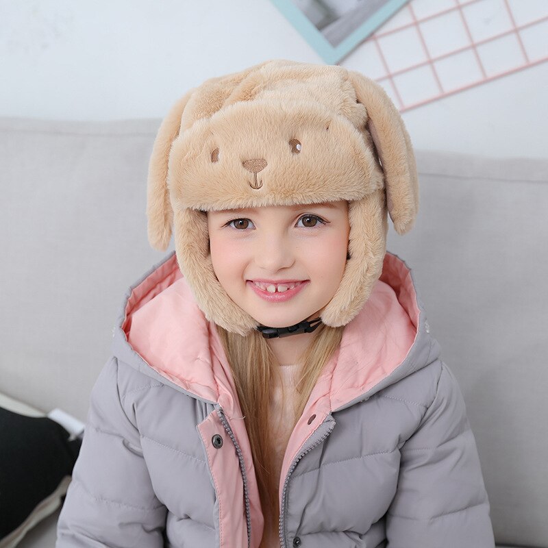 Caluriri 3-7 år børn varm hat hund form blød plys ører beskyttelse kasket sød legetøj hat fødselsdag dreng pige vinter bomber hat: Beige