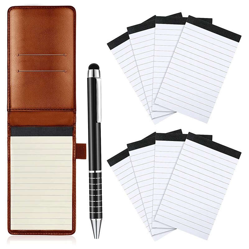 10 Pcs Notepad Holder Set, Mini Pocket Notepad Holder With 50 Lined Sheets, Metal Pen And 8 Pcs Memo Refills: Auburn
