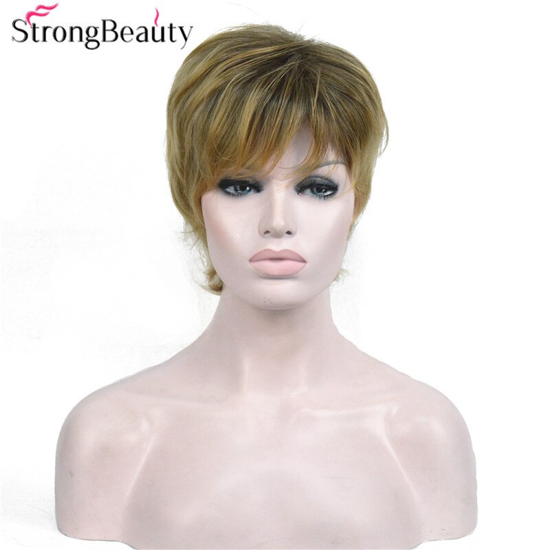 StrongBeauty Short Straight Synthetic Capless Wig Brown/Blonde Mix Layered Haircut Hair Natural Wigs
