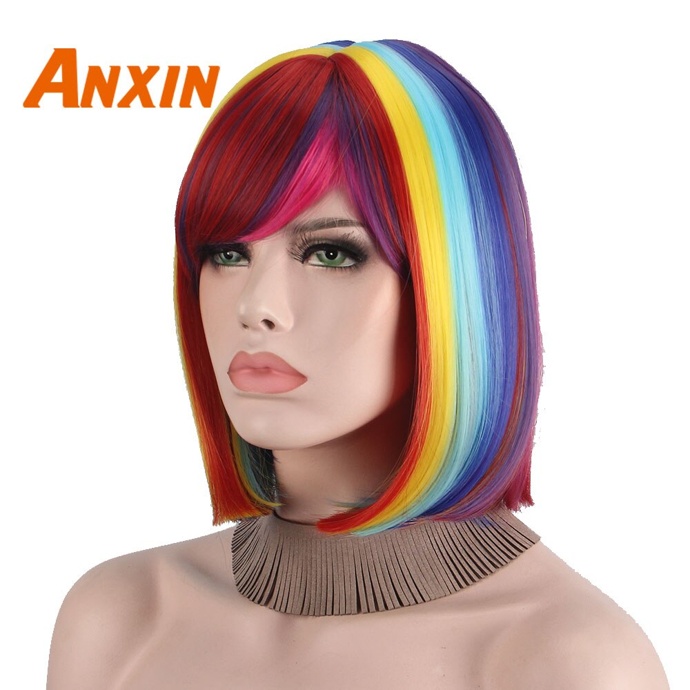 Halloween Kostuums Cosplay Pruiken Voor Zwarte Vrouwen Wit Dames Kleur Regenboog Bob Synthetische Haren Met Pony Straight Natural Party