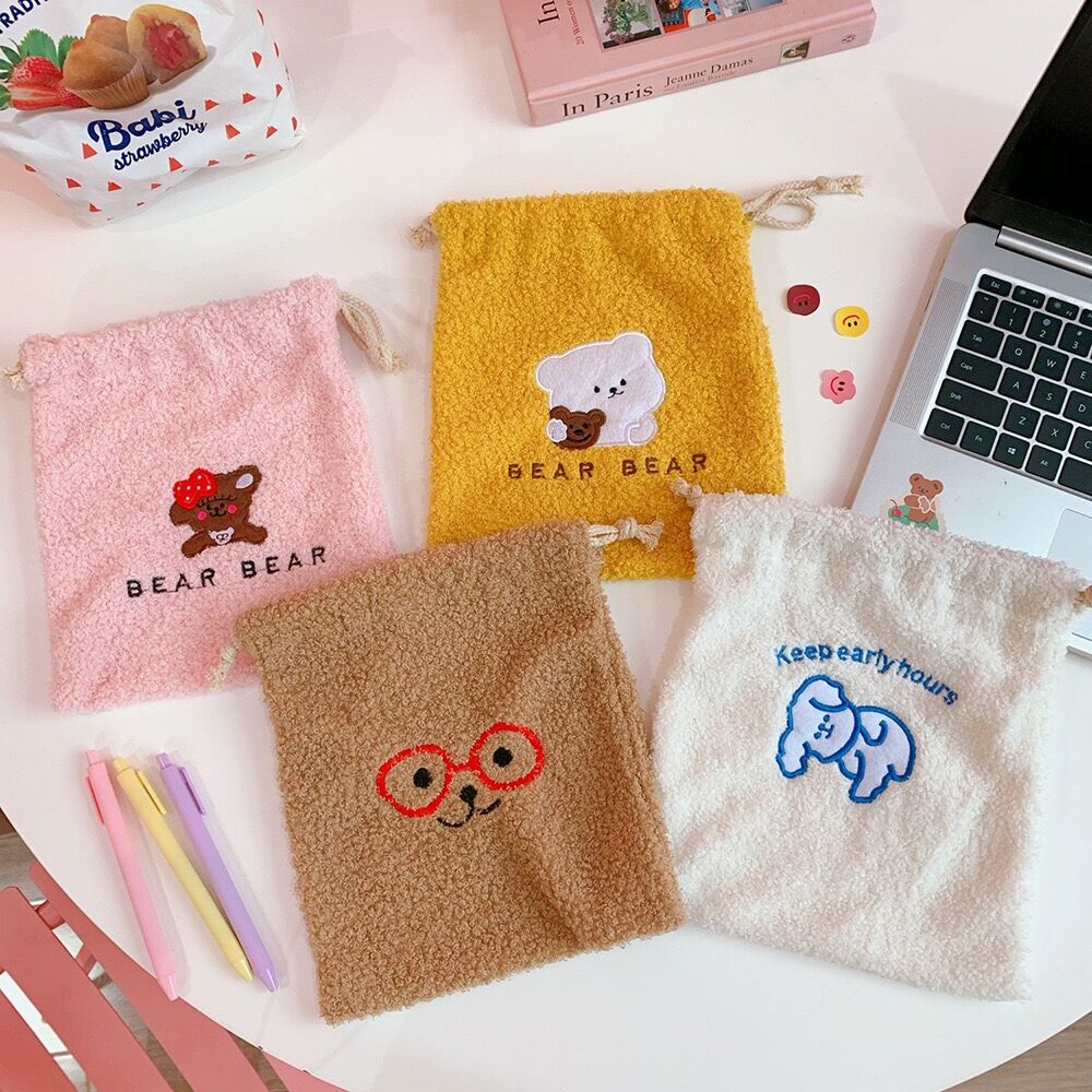 Flannel Soft Korea Ins Bear Dog Makeup Toilet String Bag Cute Home Storage Drawstring Bag Girls Travel Cosmetic Case Wash Pouch