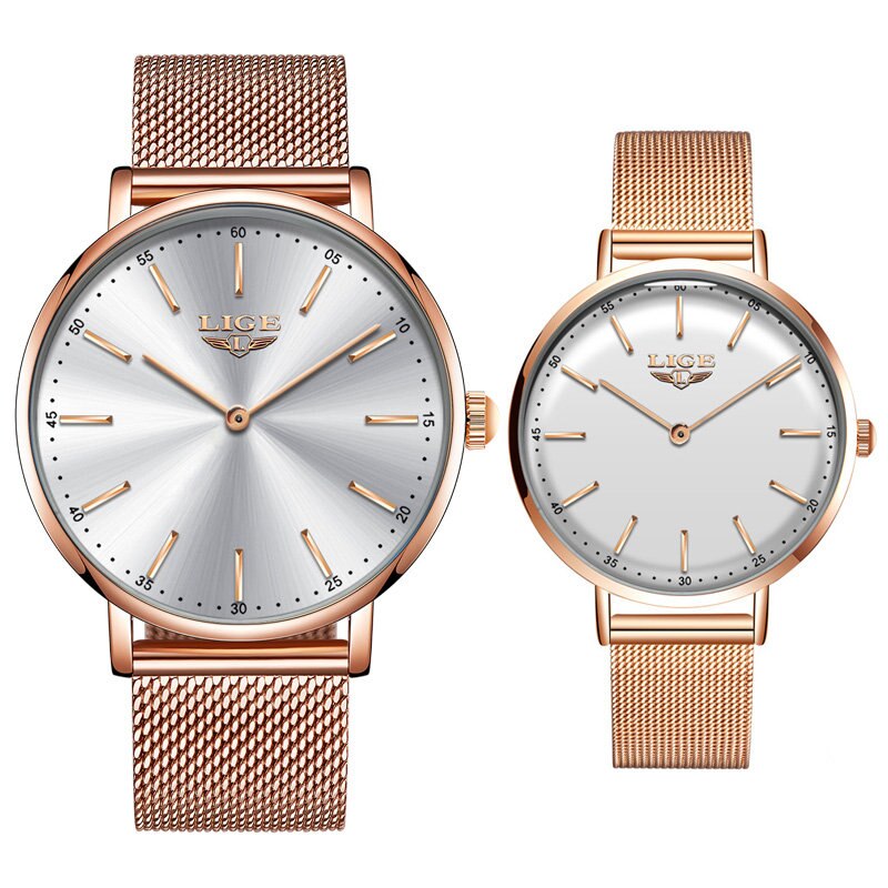 Par ure til elskere lige top mærke luksus kvarts ur vandtæt armbåndsur afslappet damer ur par kærlighed: Rose guld hvid