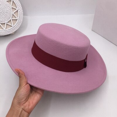 Net rød uldhat panama samme stil flad top ren farve fransk mini-stil bred udhæng pink hat moderigtigt ins party fedoras: S 55cm