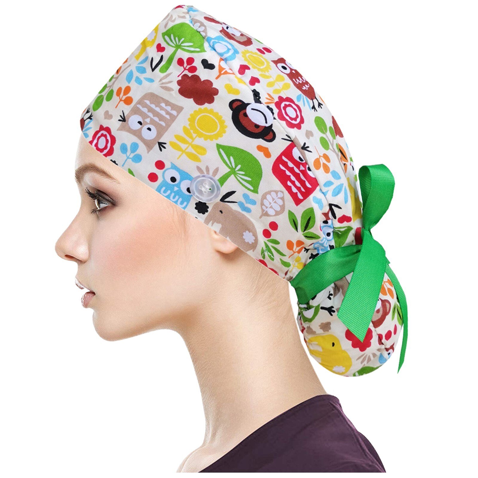 25# 3PC Unisex Adjustable Working Nursing Cap gorro quirófano Button Long Hair Sweatband Hat nurse Cap Cartoon print Gourd hat
