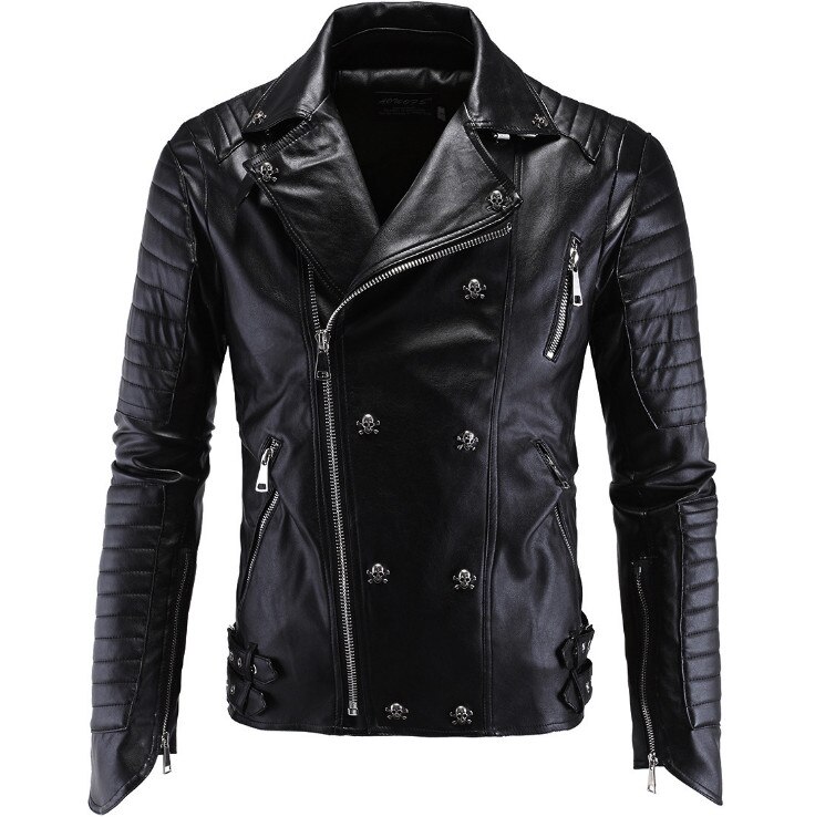 Mannen Leren Jas PU Kleding Boutique Punk Leren Jas Mannen Schedel Motorfiets Lederen Jas Multi Ritsen Slim Fit M-5XL: L