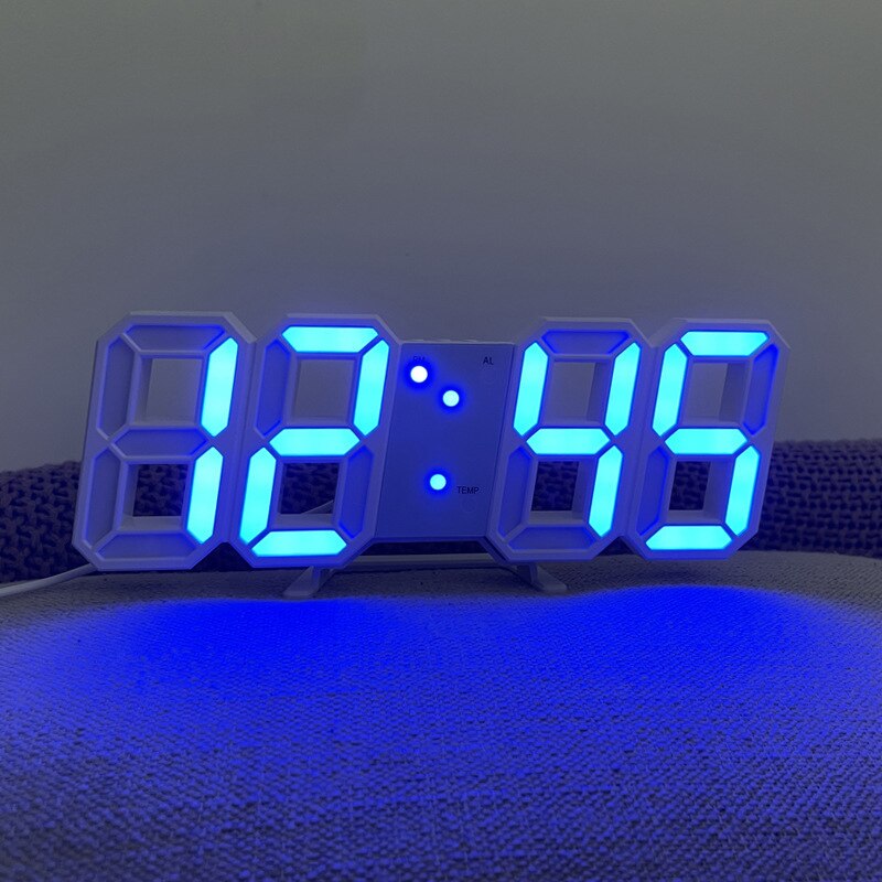 Digital Wall Clock 3D LED Alarm Clock Electronic Desk Clocks with Large Temperature 12/24 Hour Display: Black frame blue