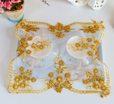Luxus spitze Gold perlen stickerei ort tisch matt tuch Pad tasse becher gericht deckchen Tee Untersetzer tischset Weihnachten hochzeit küche: Gold 6