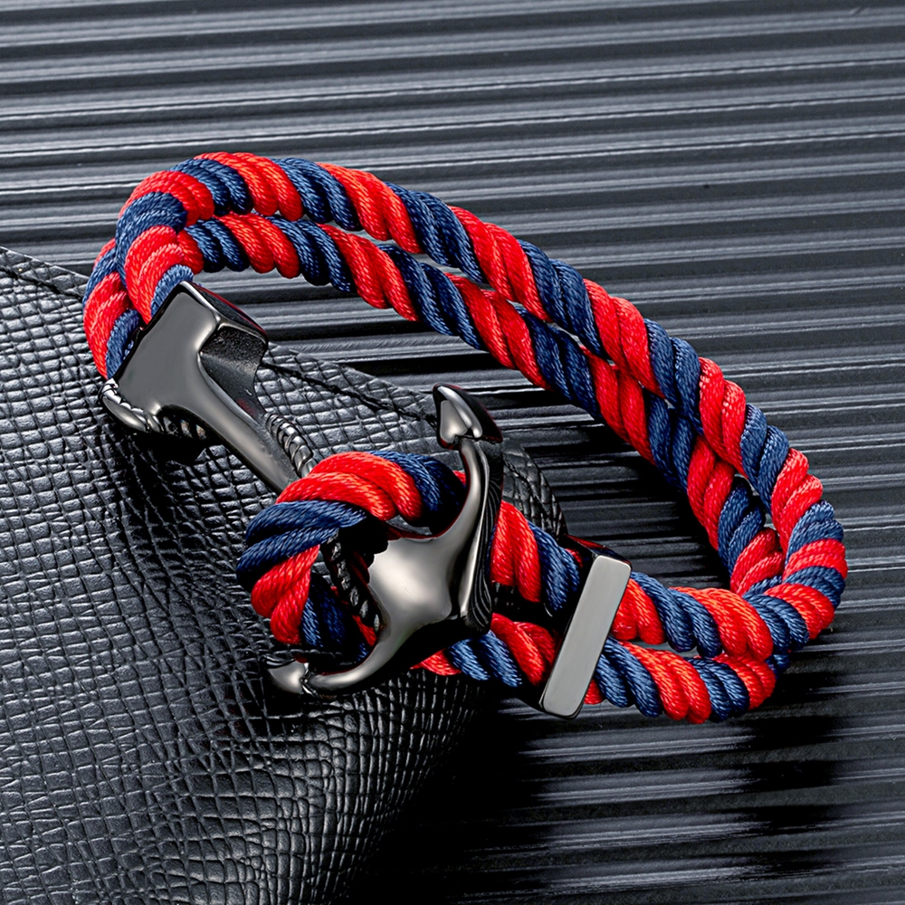 Black Anchor Bracelet for Men Women Double Layer Braided Survival Rope Bracelet Stainless Steel Handmade Woven Jewelry