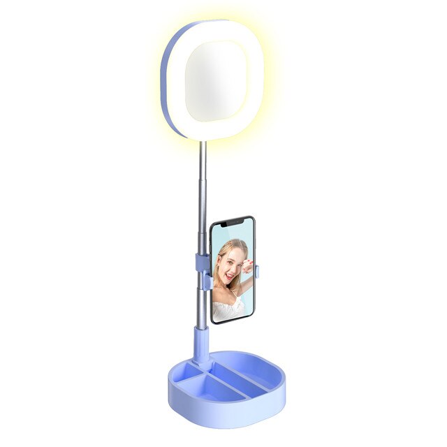 Dimmbare LED Ringlicht - Tragbare Selfie Lampe mit Spiegel & Handyhalterung - USB - 3 Farben, 5 Stufen: Blau