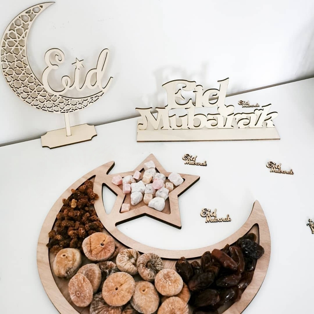 Eid Mubarak Wit Dienblad Maan Ster Houten Dienblad voor Ramadan Kareem Voedselhouder Benodigdheden Al Adha Islamitische Moslim Feestdecoraties