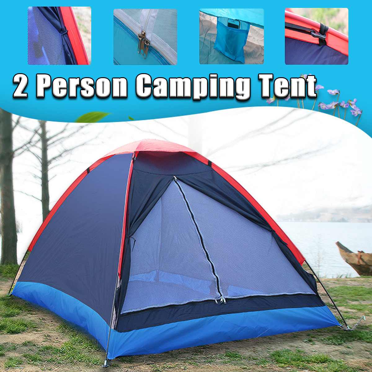 2 People Outdoor Travel Outdoor Camping Tent Beach Tent Kit Fishing Tent with Carry Bag for Hiking Traveling Fiberglass Pole