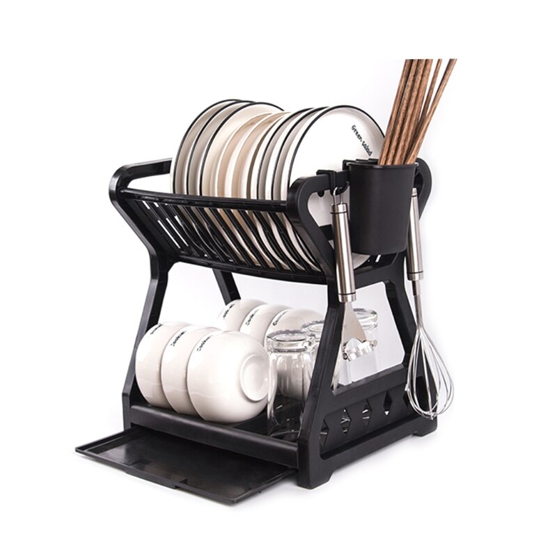 Double-layer Kitchen Dish Bowl Draining Storage Rack Basket with Chopstick Cage 37MF