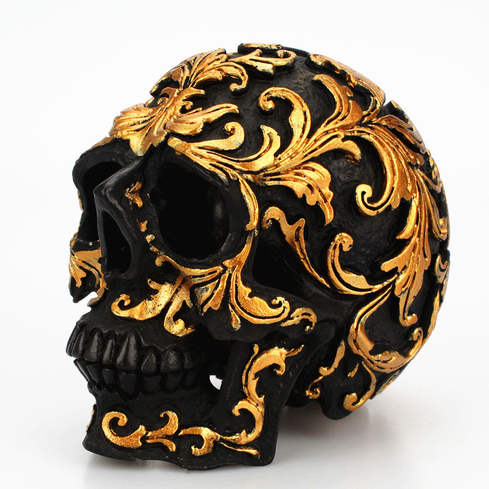Hars Ambachtelijke Black Skull Head Golden Carving Halloween Party Decoratie Schedel Sculptuur Ornamenten Home Decoratie Accessoires