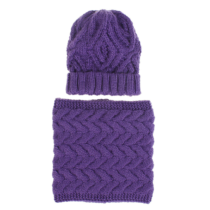 Women Winter Solid Knitted Scarf Set Neck Beanie Hat Easy Scarves Cotton Warm Plus Fur Cap Collars Scarf Ladies White Yellow: Dark Purple