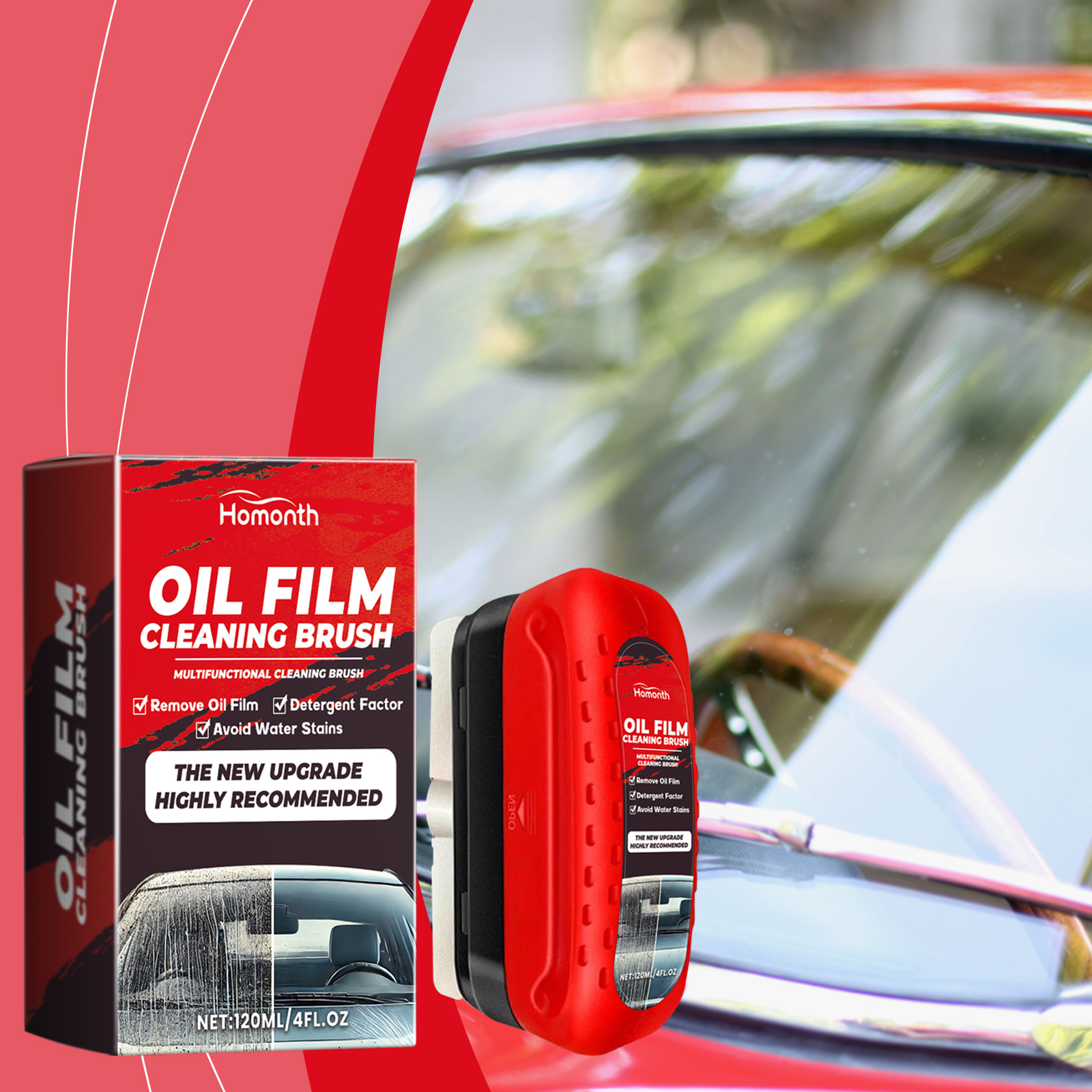 Bilrude-rens; opfriskende og dekontaminerende rengøringsmiddel til oliefilm