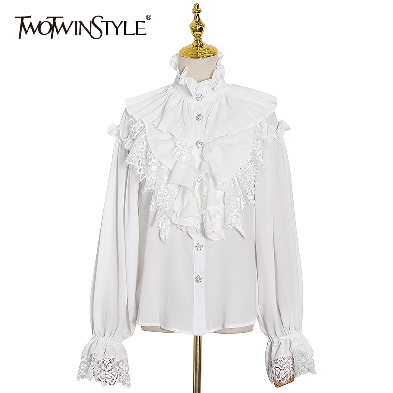 Ruffle Lace Patchwork Long Sleeve Blouse