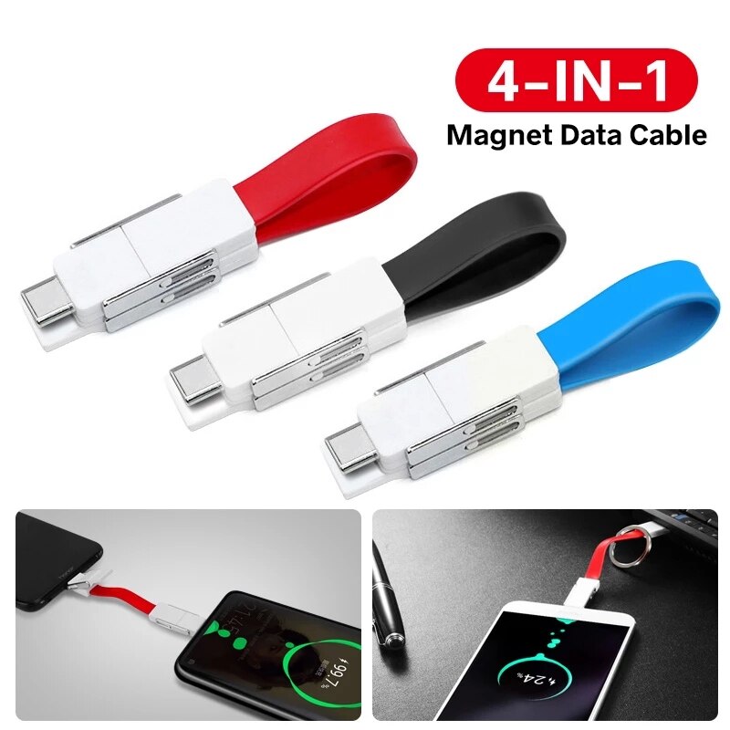 4 In 1 Magnetische Sleutelhanger Usb Kabel Micro Usb Charge Draad Usb Type C 8Pin Draagbare Korte Power Bank Data koord Voor Iphone Android