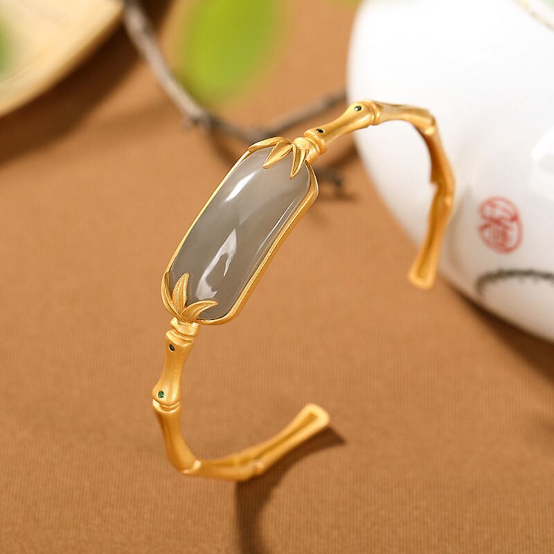 925 srebro pozłacane Hetian jadeit klasyczny bambusowy styk otwarcie bransoletki