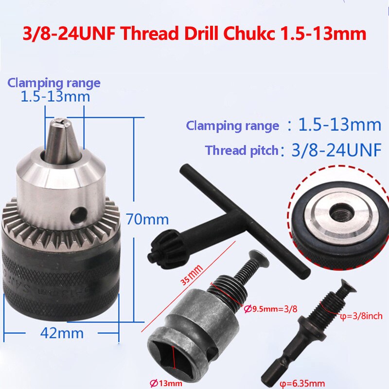 Drill Chuck Adapter Convert Impact Wrench Into Electric Drill 1/2"-20UNF & 3/8"-24UNF Thread 3 Jaw SDS Plus Mini Drill Chuck: E-1