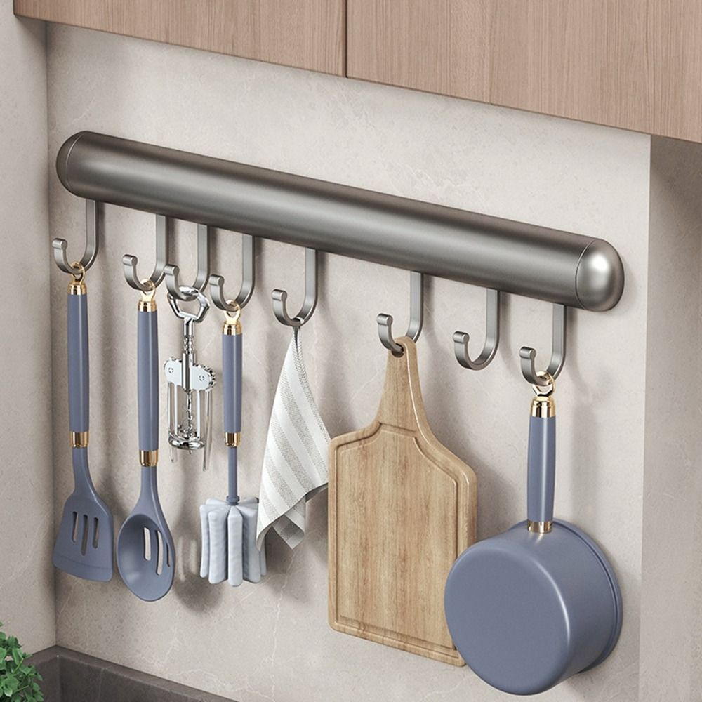 20-50cm kjøkkenkroker, veggmontert aluminiumshylle, skjeoppbevaringskrok, svart/grå, med bevegelig krok, skaphylle