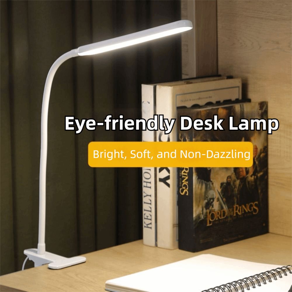 Verstelbare led-bureaulamp met klem, 3 kleuren licht, 10 helderheidsniveaus, leeslamp met klem, usb-voeding, dimbare helderheid.