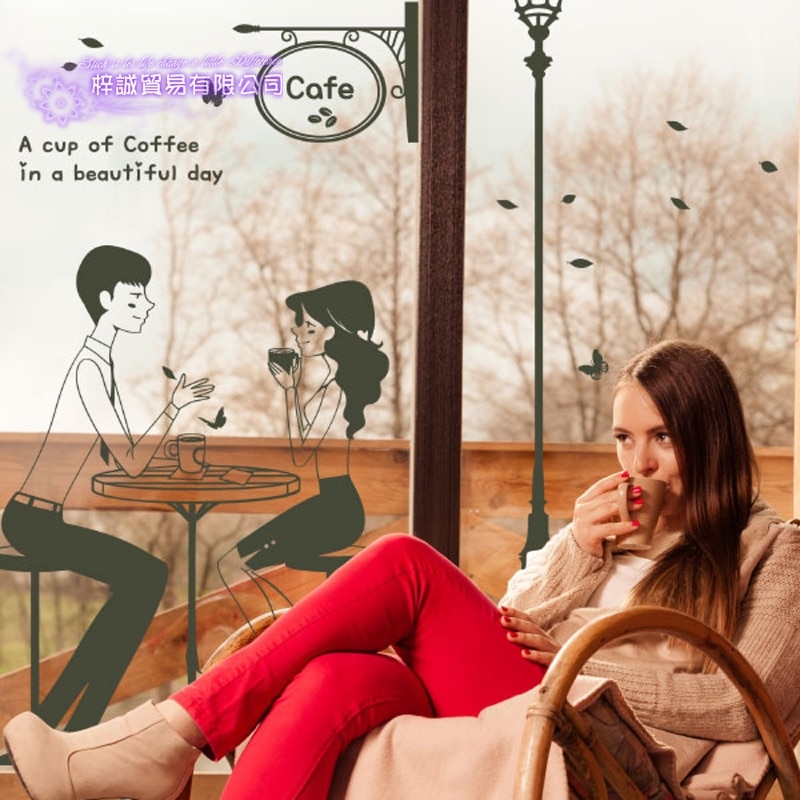 Coffee Shop Sticker Couple Milk tea Decal Cafe Cup Poster Vinyl Art Wall Decor Mural Decoration Bread Coffee Break Glass Decals