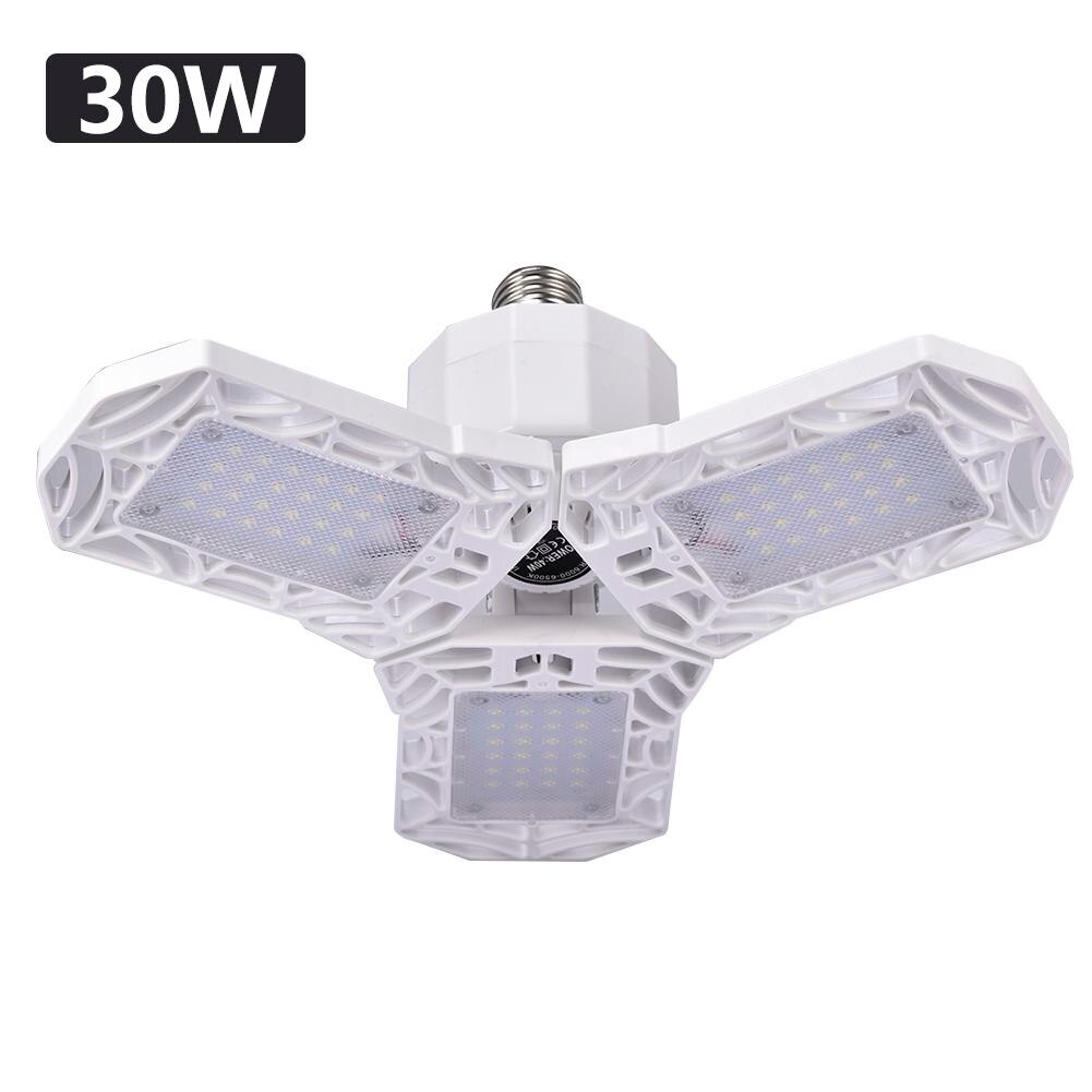 60w/6000lm ledet garasjelys deformerbar trebladet sammenleggbar lampe vanntett lampe til gymsaler stadier pilsner 110v 220v e27: Hvit 30w
